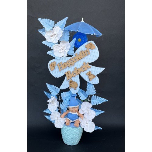 Şemsiye ve Strafor Kurdaleli Erkek Bebekli Yapay Çiçek