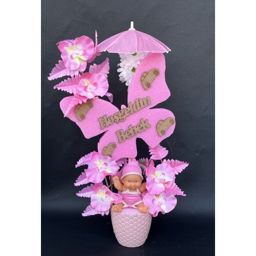 Şemsiye ve Strafor Kurdaleli Kız Bebekli Yapay Çiçek