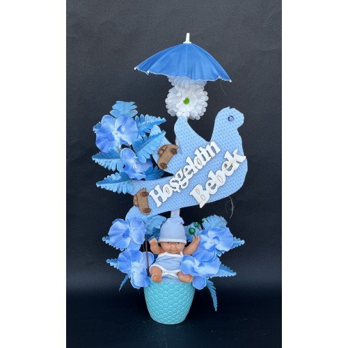 Şemsiyeli Kuşlu Erkek Bebekli Yapay Çiçek