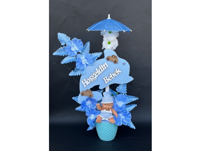 Şemsiyeli Balinalı Erkek Bebekli Yapay Çiçek