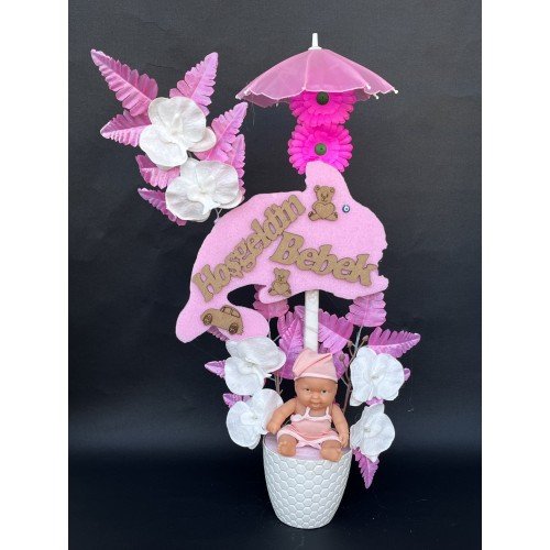 Şemsiyeli Kaptan Şapkalı Kız Bebekli Yapay Çiçek