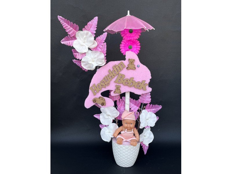 Şemsiyeli Kaptan Şapkalı Kız Bebekli Yapay Çiçek